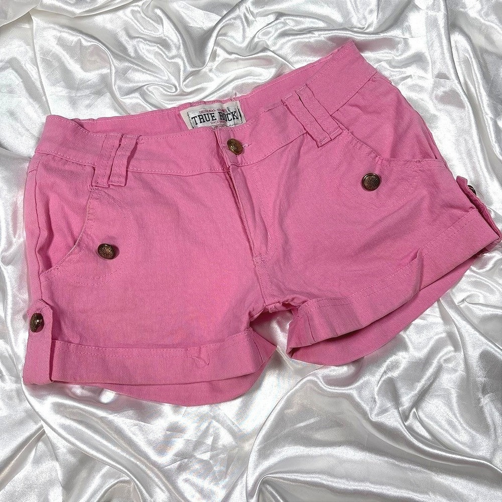 y2k True Rock Shorts Pink Nylon Spandex Button Pockets Size 9/10
